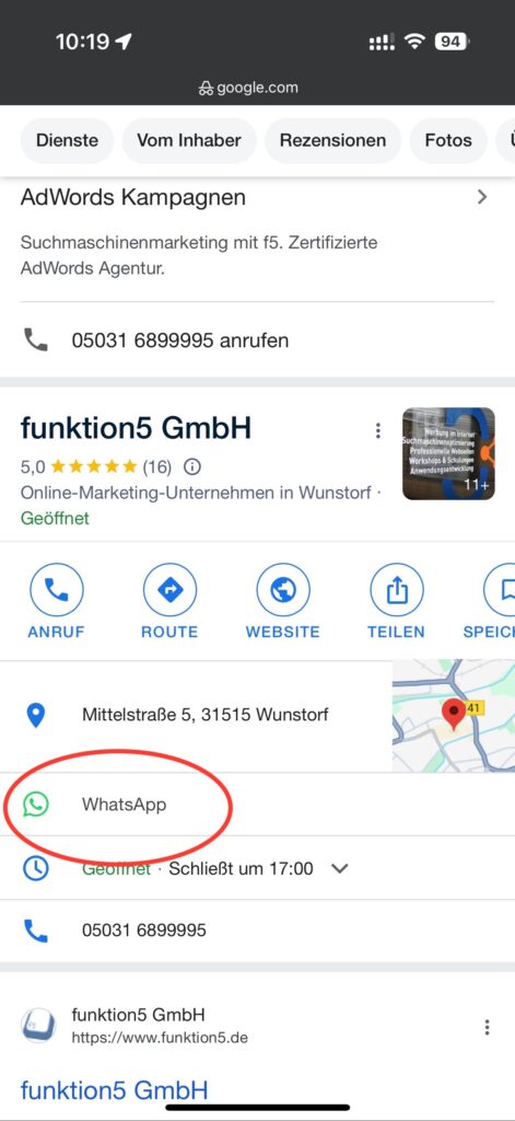 WhatsApp bei Google Business Anzeige