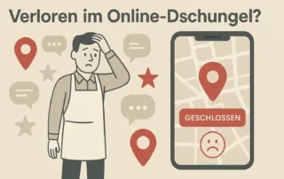 Die Grafik zeigt einen stilisierten Geschäftsinhaber umgeben von Online-Symbolen wie Pins, Sterne und Sprechblasen. Ein Smartphone-Mockup zeigt eine Google Maps Ansicht mit einem 'Geschlossen'-Hinweis und einem traurigen Kunden-Smiley. Farbwelt gedämpft mit roten Akzenten für Problembereiche. Moderner, klarer, leicht illustrativer Stil.