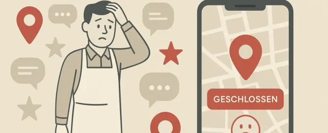 Die Grafik zeigt einen stilisierten Geschäftsinhaber umgeben von Online-Symbolen wie Pins, Sterne und Sprechblasen. Ein Smartphone-Mockup zeigt eine Google Maps Ansicht mit einem 'Geschlossen'-Hinweis und einem traurigen Kunden-Smiley. Farbwelt gedämpft mit roten Akzenten für Problembereiche. Moderner, klarer, leicht illustrativer Stil.