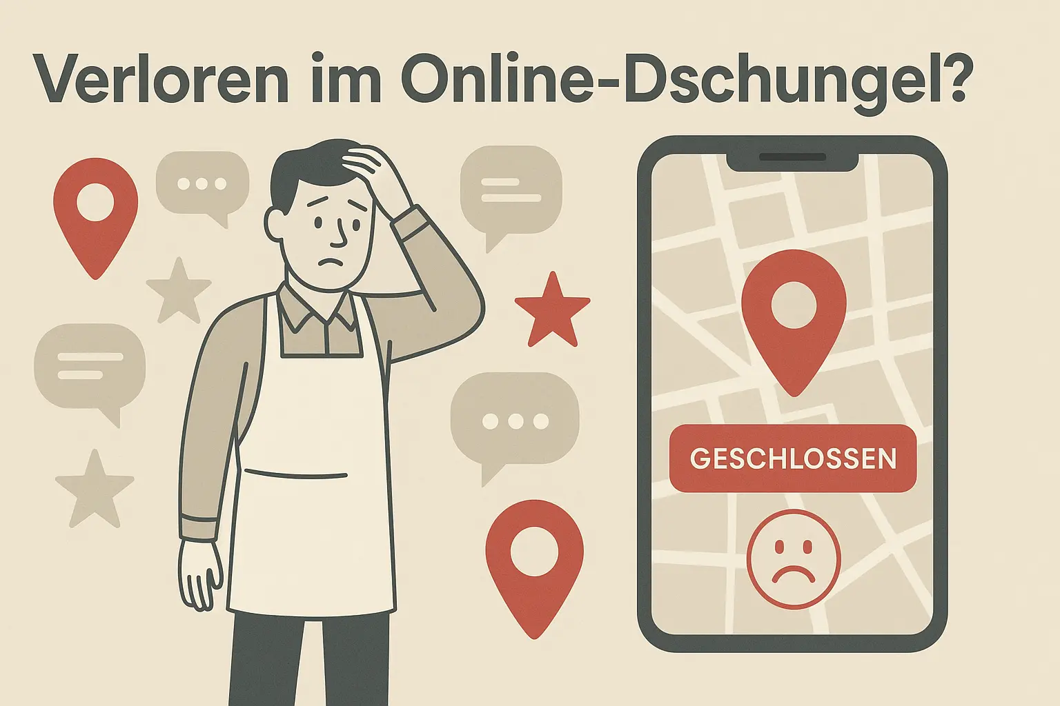 Die Grafik zeigt einen stilisierten Geschäftsinhaber umgeben von Online-Symbolen wie Pins, Sterne und Sprechblasen. Ein Smartphone-Mockup zeigt eine Google Maps Ansicht mit einem 'Geschlossen'-Hinweis und einem traurigen Kunden-Smiley. Farbwelt gedämpft mit roten Akzenten für Problembereiche. Moderner, klarer, leicht illustrativer Stil.