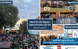 Dreiteilige Bildcollage mit einem dunkelblauen, zentralen Textkasten. Auf der linken Seite ist ein gut besuchtes Open-Air-Konzert am bewaldeten Ufer des Steinhuder Meeres bei dämmerndem Himmel zu sehen. Die rechte Seite ist zweigeteilt: Oben jubelt die Handballmannschaft des MTV Großenheidorn in einer Halle mit einem blauen Aufstiegsbanner mit der Aufschrift „3. Liga Aufsteiger 2026“. Unten ist das helle Messezelt der Wunstorfer Wirtschaftswochen mit Besuchern und einer Werbegrafik zum „WuWiWo Digital-Booster“ sowie den Logos von funktion5 und K3 abgebildet. In der Mitte der Collage liegt ein dunkelblauer Kasten mit weißer Aufschrift: „Stark für die Region: Sport & Kultur vor Ort“ und dem Hashtag „#bettertogether“. Die einzelnen Bildsegmente sind zusätzlich oben rechts mit den Texten „Kultur & Heimat“, „Sportlicher Erfolg“ und „Wirtschaft & Region“ beschriftet.